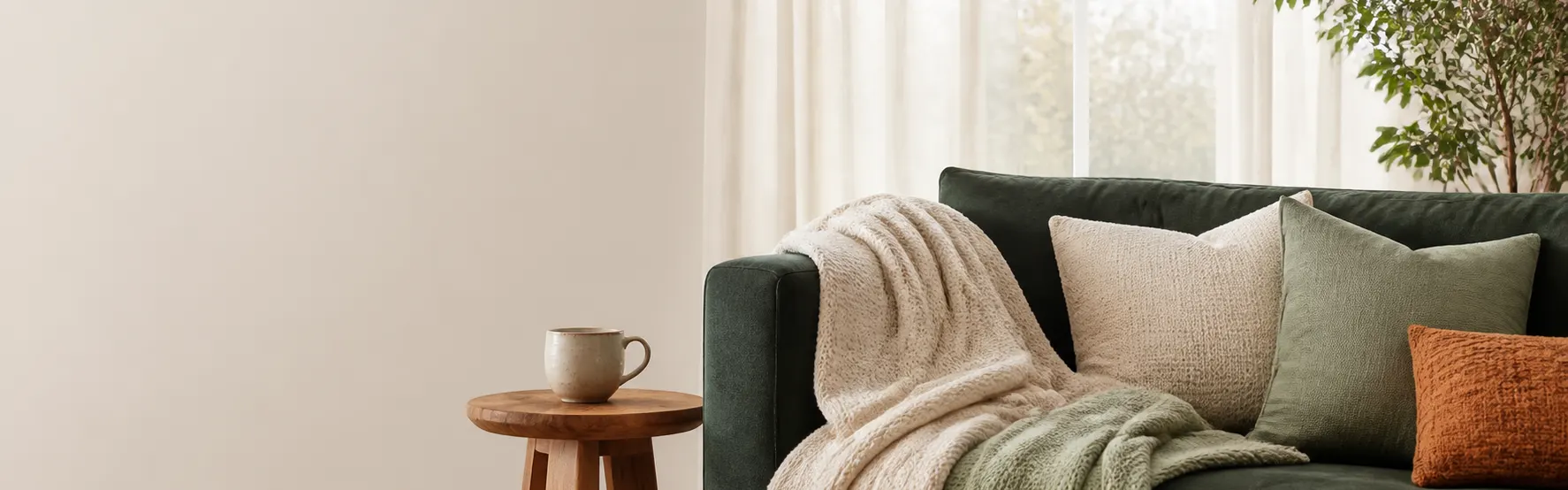 Living preparado para el invierno con mantas y textiles Casa Nativa